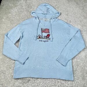 Life Is Good Flag Knit Sweater Hoodie Light Blue